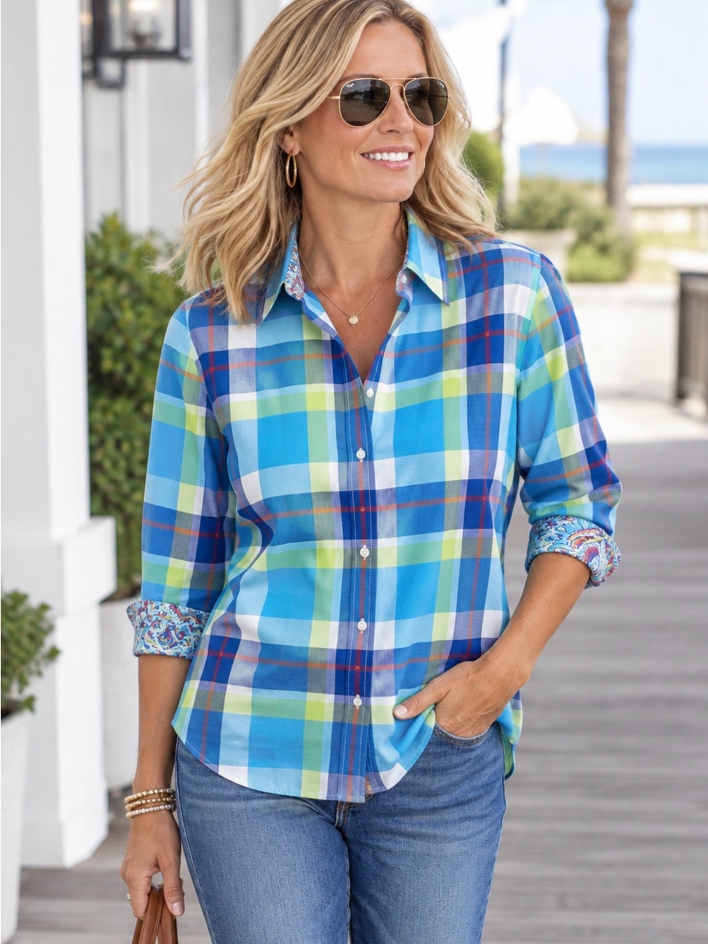 Chaps NO IRON Button Up Shirt Blue Plaid Top 3/4 Sleeve Women Plus Sz L NWT